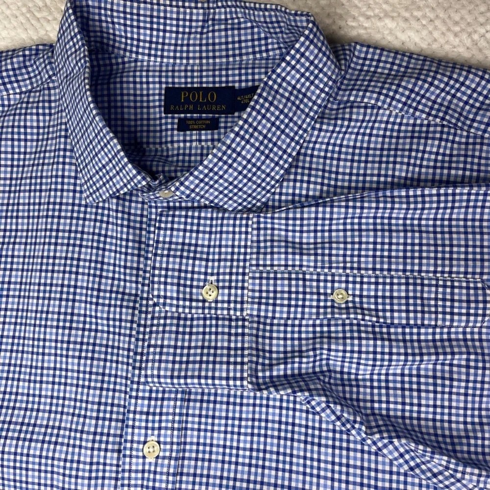 Polo Ralph Lauren Blue Gingham Check Button Down Shirt 4XLT Big Tall Stretch